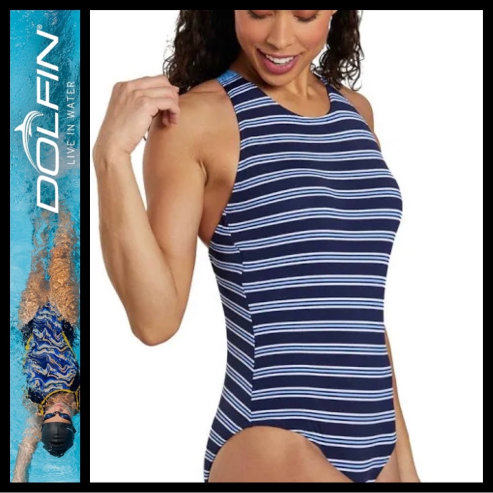 Dolfin Blue and White One Piece Athletic Swimsuit